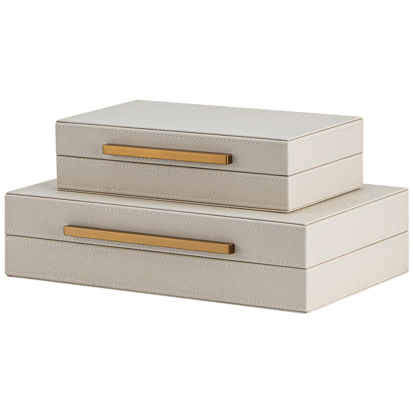 SYYSY Set of 2 Beige Shagreen Decorative Storage Boxes with Gold Metal Handles – Faux Leather Jewelry & Memory Boxes, Nesting Photo Organizers for Home Decor