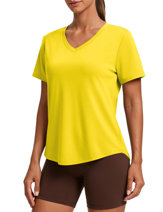 PINSPARK Womens Hiking Shirts Short Sleeve V Neck UPF 50 Sun Protection Moisture Wicking Quick Dry Outdoor Athletic Tops,Yellow Small