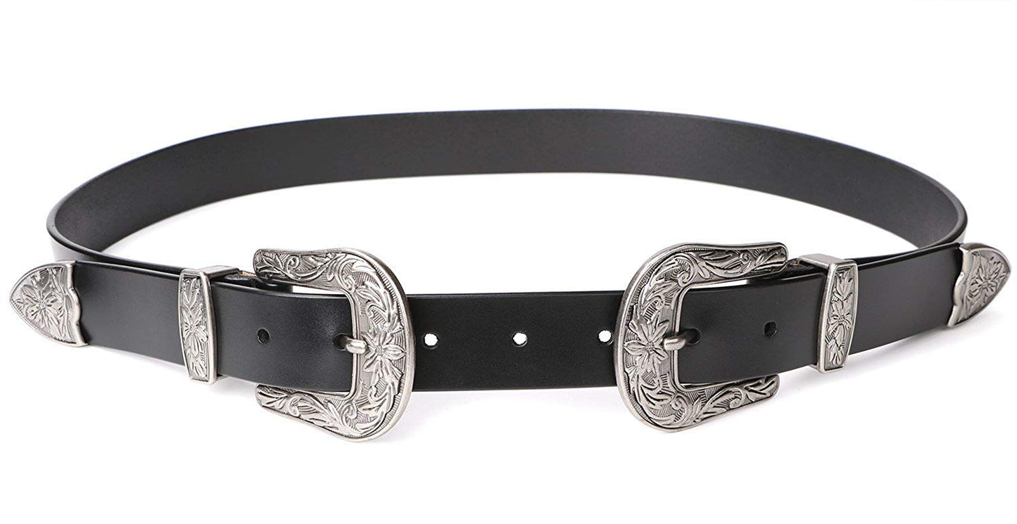 JASGOOD Double Buckle Western Belts for Woman Cowgirl Country Belt Vintage Black Leather Belt for Jeans Pants Dresses, Black