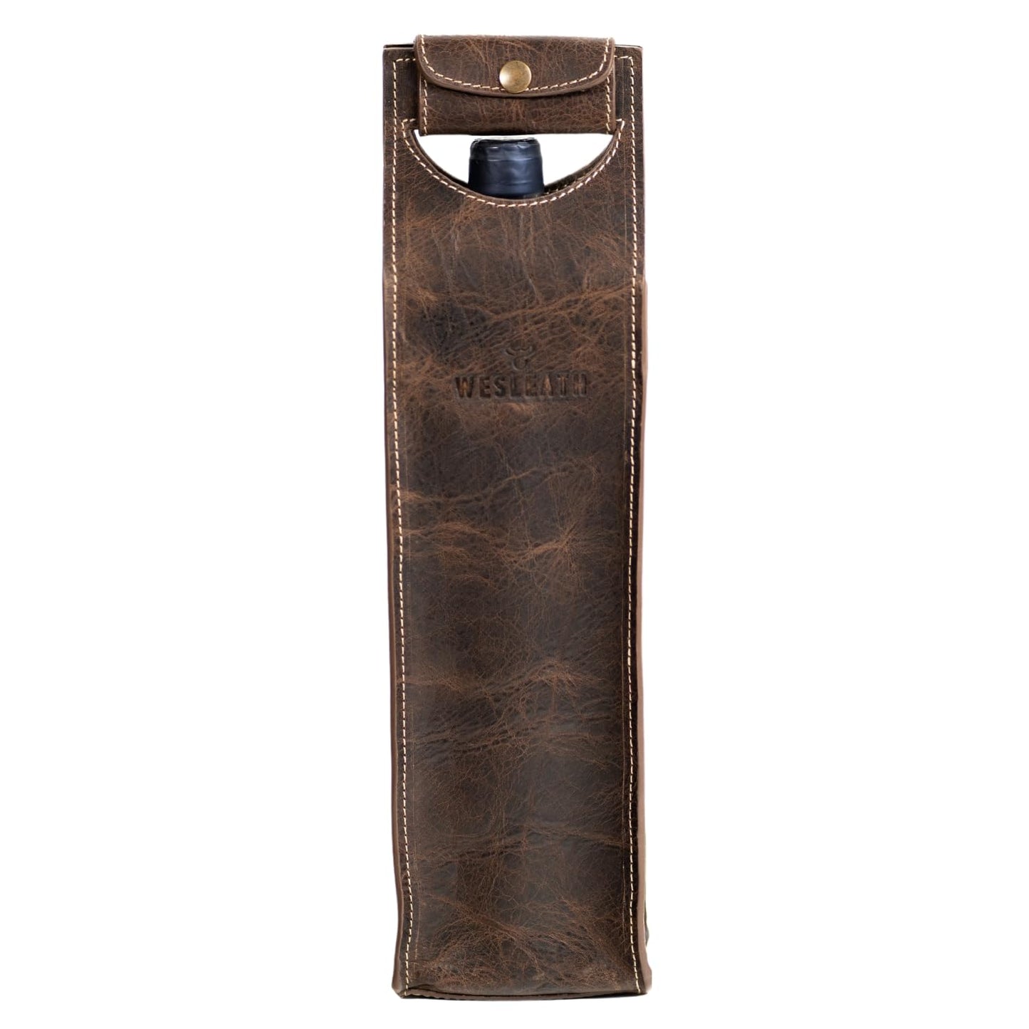 Leather Tote Wine Carrier Bag | Premium Quality Single Bottle Carry with Strong Handles, Full Grain Leather & Metal Buckle - Protective Carrier for Picnic, Wine Champagne Gift Bag in Chocolate