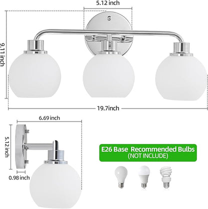 Chrome Vanity Light Bathroom Light Fixtures Over Mirror 3 Light Wall Sconces Lighting Silver Lights with Milk Globe Glass Shades Bath Wall Lamp for Mirror Kitchen Living Room Bedroom Hallway