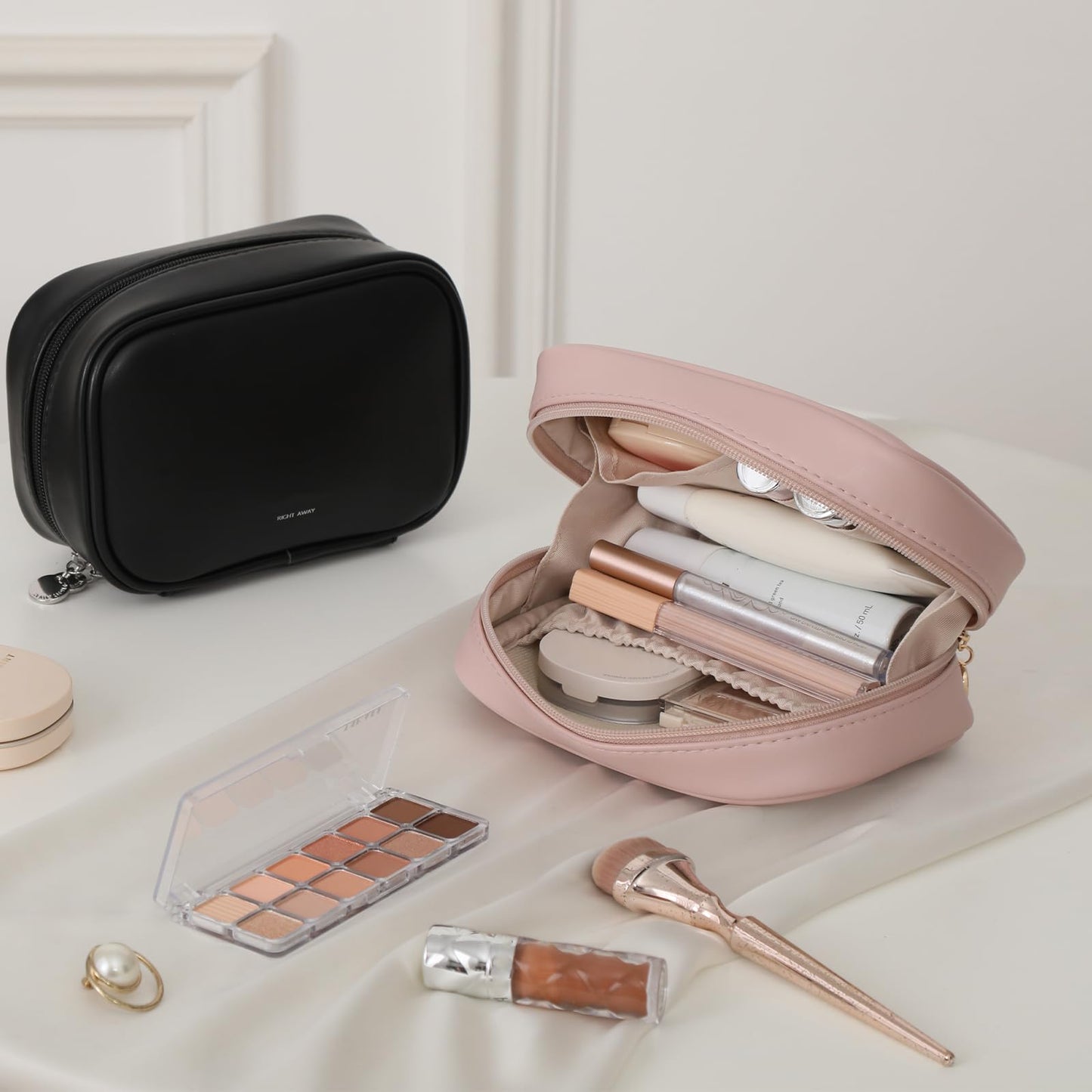 RIGHT AWAY Small Makeup Bag for Purse,Cosmetic Bag Organizer for Women,Waterproof PU Leather Make Up Pouch Toiletry Bag with Pockets,Portable Makeup Case for Travel Accessories&Accessories(Pink)