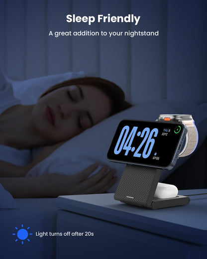 Wireless Charging Station for Apple - 3 in 1 Wireless Charger Stand Dock Watch and Phone Charger Station for Apple Watch 11/8/7/SE/6/5/4/3/2, iPhone 17 16-12 Pro Max SE XS X, Samsung, AirPods Pro/3/2