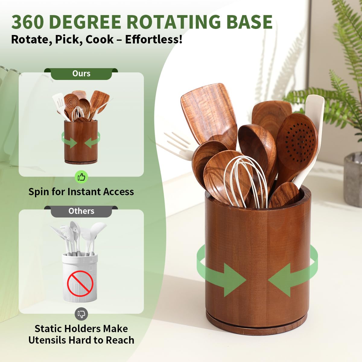 gorsent Wooden Utensil Holder, 360°Rotating 7.3'' Large Utensil Holder for Kitchen Counter, Kitchen Utensil Organizer, Utensil Crock, Farmhouse Kitchens Countertop Decor, Walnut-finish