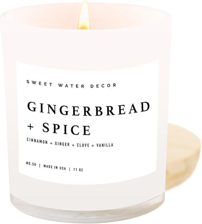 Sweet Water Decor Gingerbread and Spice Candle - Soy Cinnamon, Vanilla, Clove, Ginger Scented Gingerbread Candle for Christmas - 11oz White Jar with Wood Lid, 50+ Hour Burn Time, Made in The USA