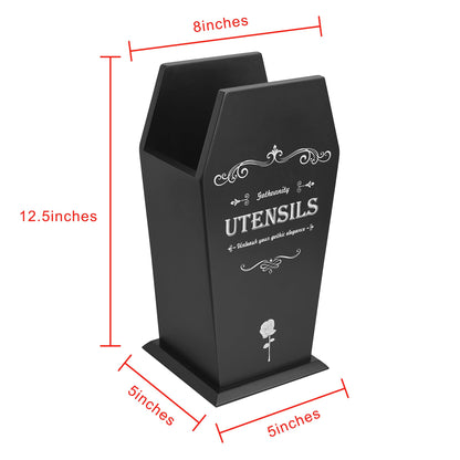 Gothvanity Gothic Coffin Utensil Holder - Large Stable Spooky Dark Aesthetic Kitchen Organizer, Wooden Black Kitchen Decor 12.5X8X5 Inches