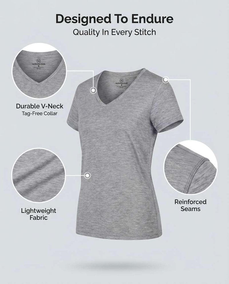 Real Essentials 5 Pack: Women's Dry-Fit Short Sleeve V Neck T Shirt Workout Fitness Yoga Top Tee, Set 9, M