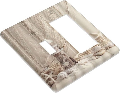 Nautical Coastal 2 Gang Light Switch Covers Seashell Fishing Net Ocean Lighthouse Starfish Single Toggle Rocker Combo Wall Plate Electrical Faceplate Decorative Switchplate Beach Theme Decor