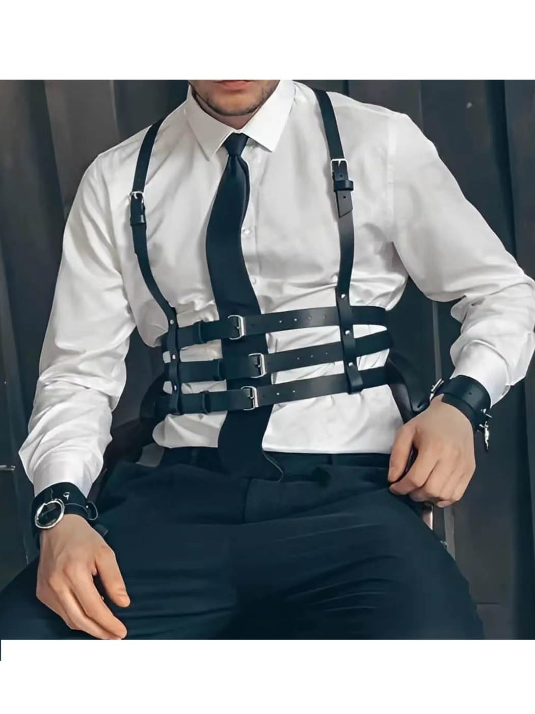 Fstrend Men's Mardi Gras Chest Harness, Faux Leather Shoulder Strap Belt, Black Fashion Rave Outfits Body Accessory
