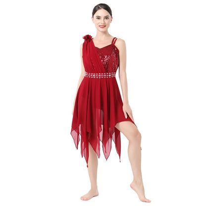 IBAKOM Lyrical Dance Dress for Women One Shoulder Flower Strap Shiny Sequins Contemporary Dance Costume Asymmetrical Chiffon Skirt Ballerina Salsa Ballroom Flowy Dresses Red Strap L
