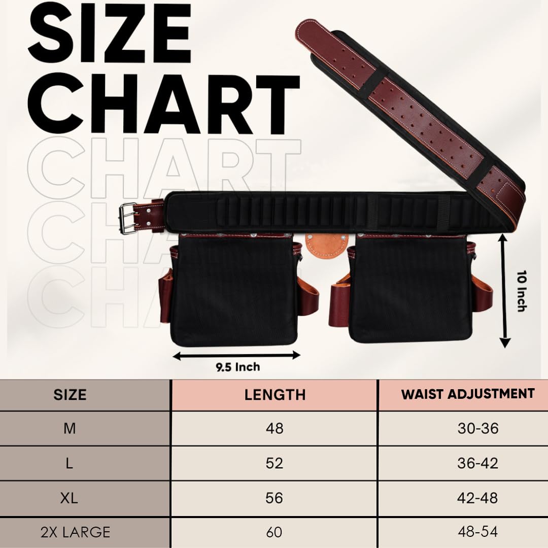 FUERI Tool Belt With Suspender Men Carpenter Pouches Construction Bags (Black and Maroon Tool Belt with Black Suspender, 2X-Large (48'' to 54''))