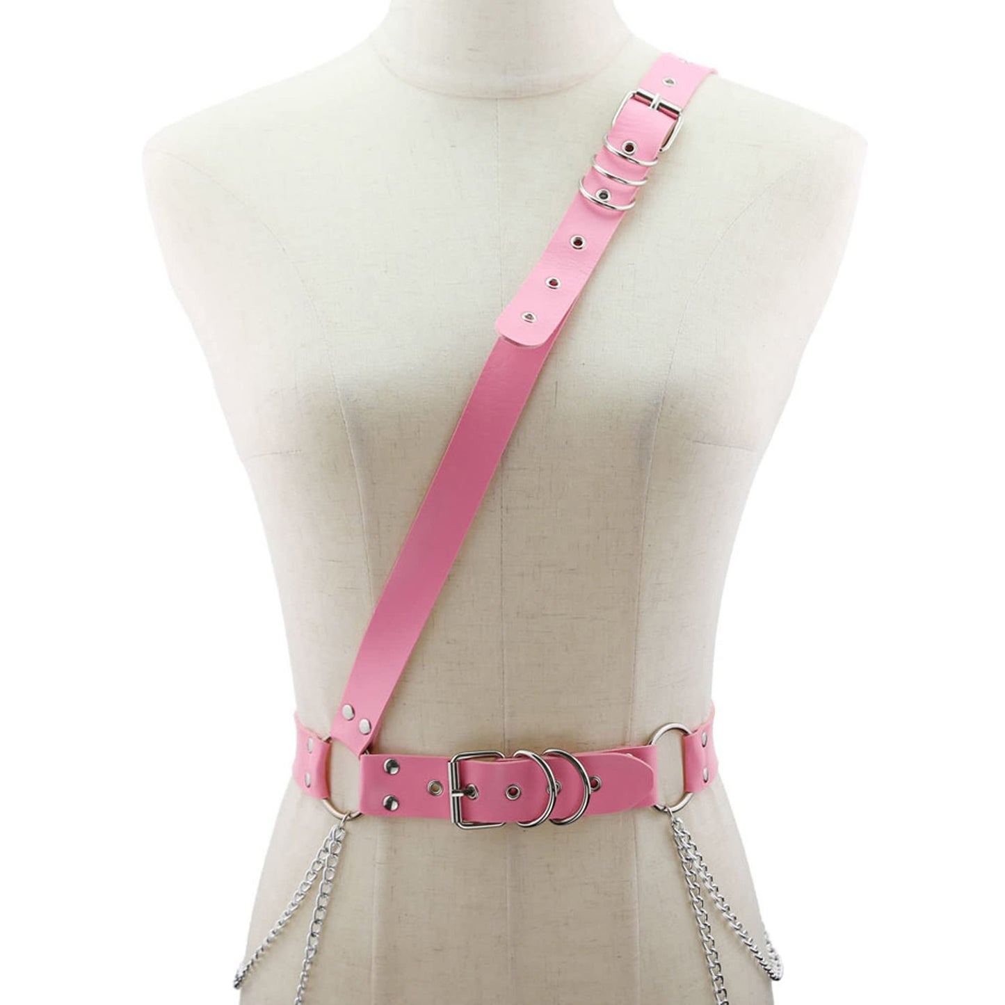 Women's Leather Waist Belt Punk Rock Leather Body Rock Chain Straps Harness Belt Adjustable Pink