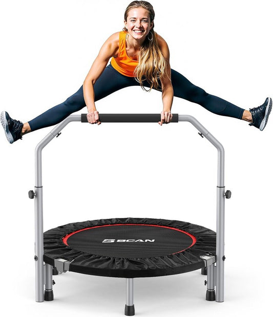 BCAN Foldable Mini Trampoline - Max Load 440lbs, Adjustable Foam Handle for Indoor & Garden Workouts | Fitness Rebounder
