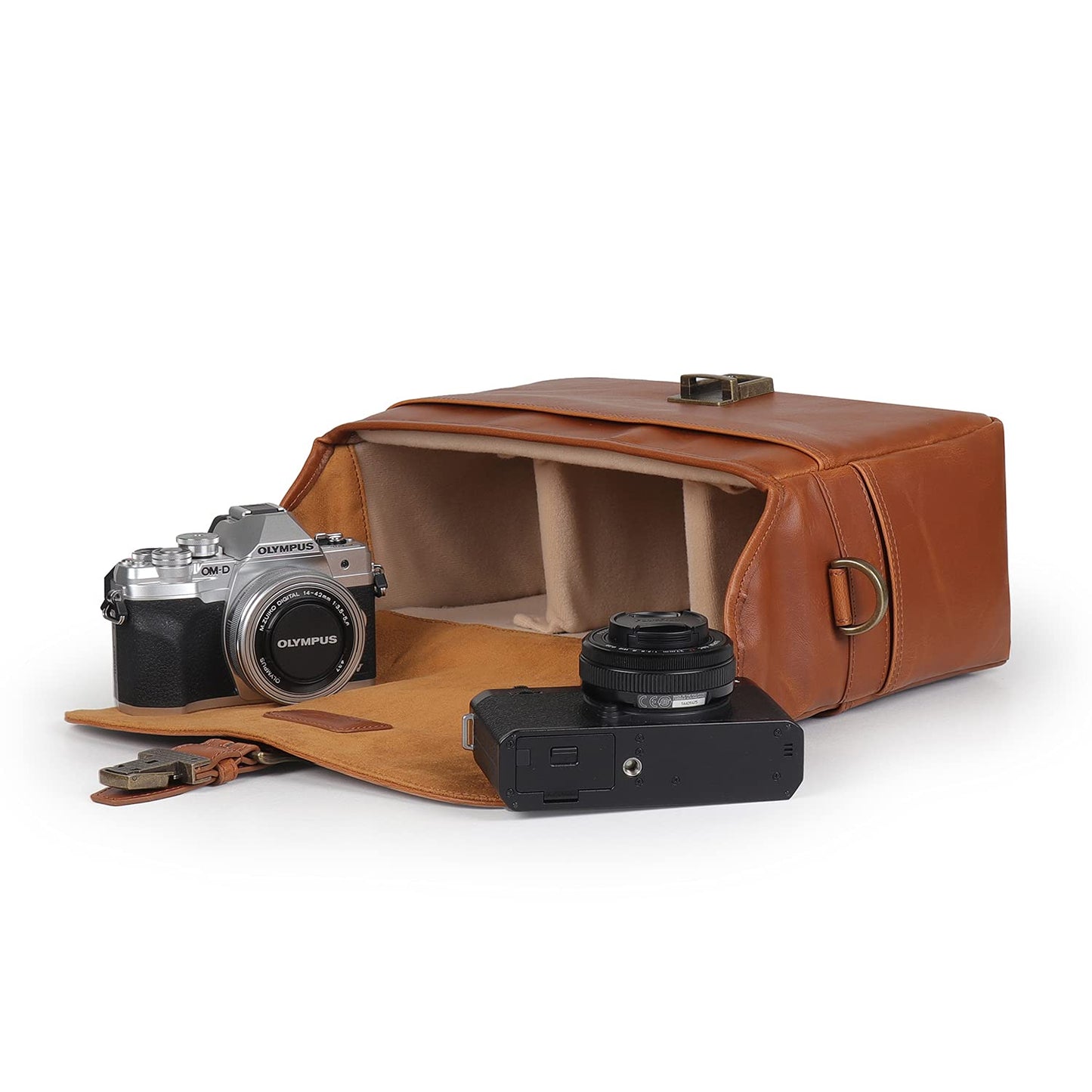 MegaGear MG1525 Leather Camera Messenger Bag for Mirrorless, Instant and DSLR Cameras - Light Brown, Compact,LightBrown