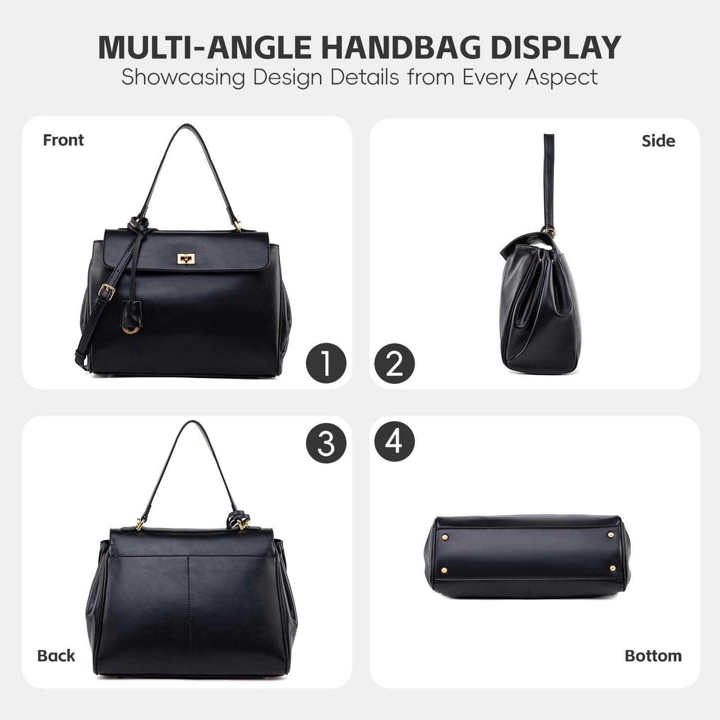 NGGU Black Leather Tote Bag for Women,Soft Leather Shoulder Handbags for Ladies,Satchel Purse for Travel Work & Medium & Black Leather & Gold Clasp
