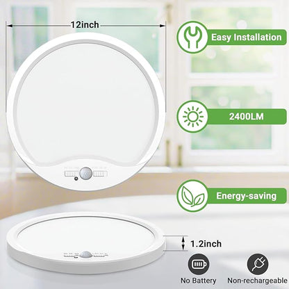 zemty 12inch 24W Motion Sensor Ceiling Light Wired, 3 Sensing Modes Motion Activated Closet Lights Black, 3000K/4000K/6500K Waterproof LED Ceiling Lamp for Pantry Closet Shower Hallway-4Pack