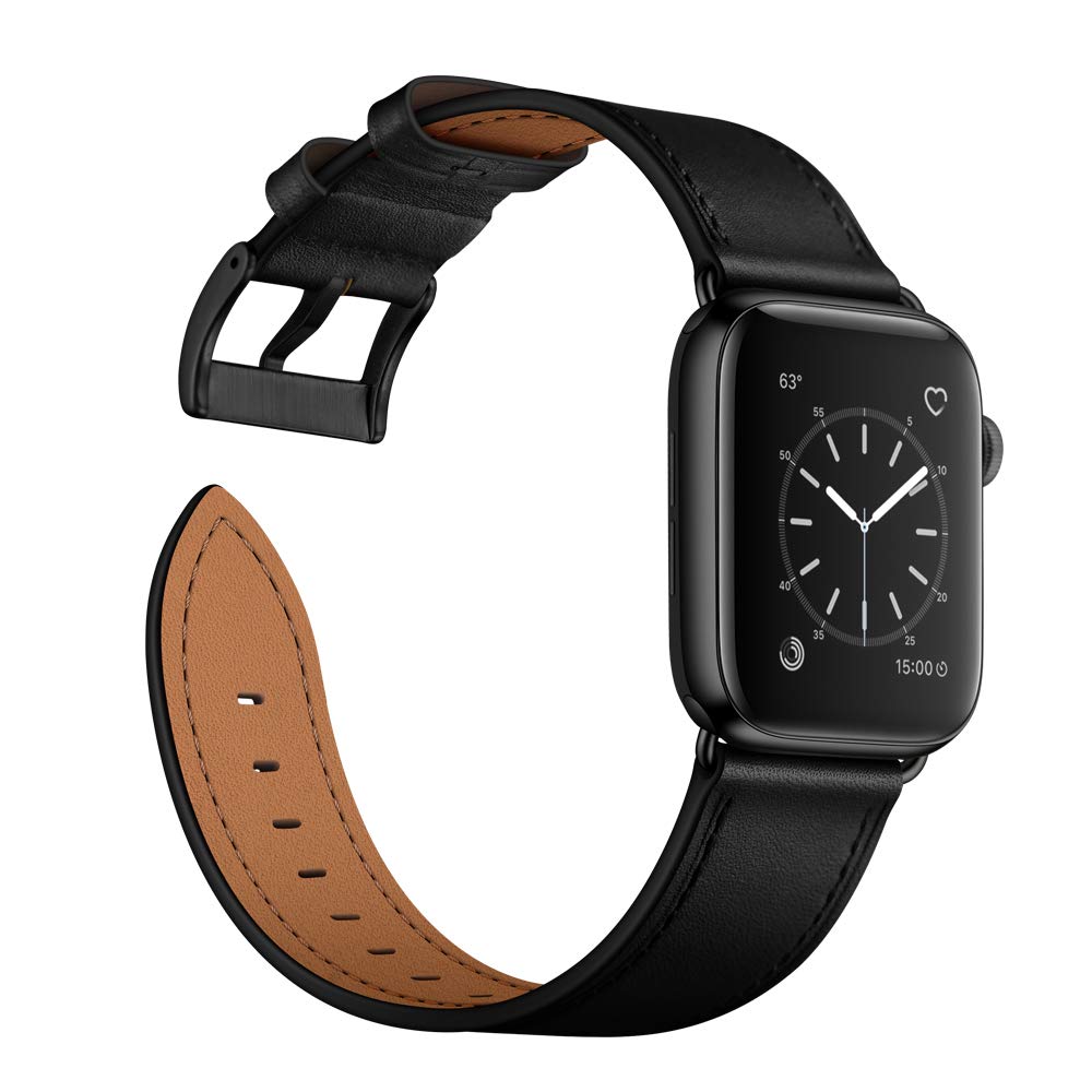 OUHENG Leather Bands Compatible with Apple Watch Band 42mm 41mm 40mm 38mm, Genuine Leather Strap Compatible with Apple Watch Series 11/10/9/8/7/6/5/4/3/2/1 & SE3 SE2 SE, Black/Black