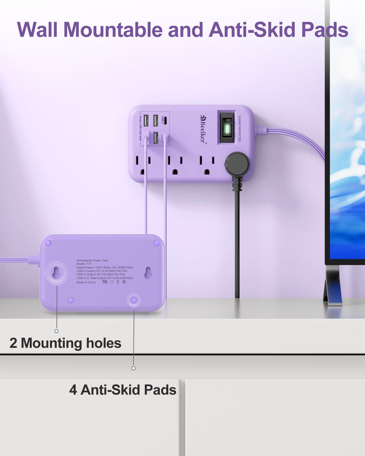 6 USB(2 USB C) Purple Travel Power Strip- 5Ft Lavender Extension Cord with 24W USB Charging Station and 4 Outlets, Purple Desk Accessories with Surge Protector for Cute Kawaii Office Dorm Room