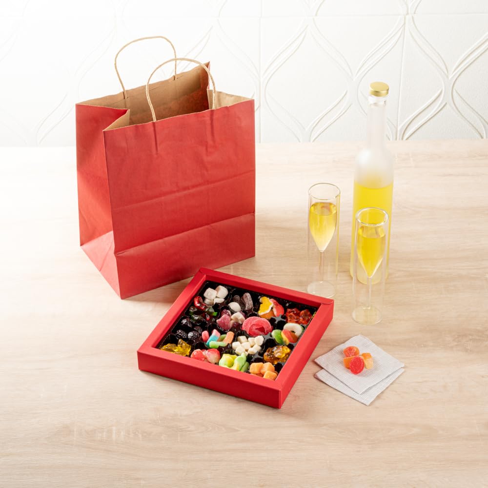 Restaurantware Sweet Vision 9.1 x 9.1 x 1.6 Inch Square Candy Boxes 10 Disposable Bakery Gift Boxes - 16 Compartments With Slidable Clear Lids Red Paper Boxes For Chocolate And Treats