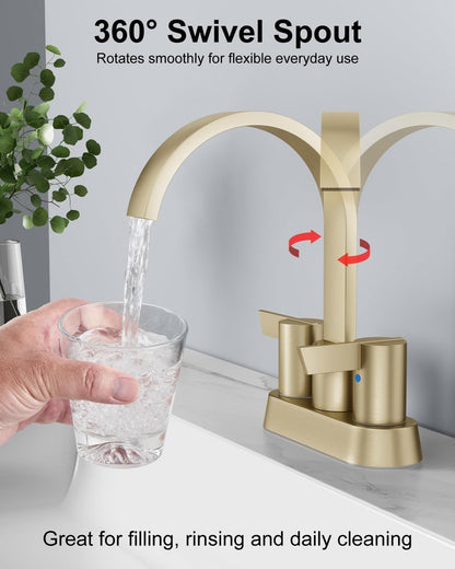 Aolemi Bathroom Sink Faucet, 4 Inch Centerset Waterfall Faucet for 2 or 3 Hole Vanity Sink, 2 Handle Vanity Faucet with Pop Up Drain and Supply Lines, Brushed Gold