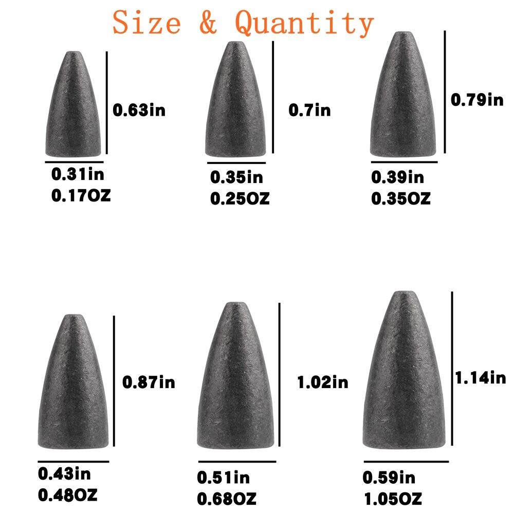 FCFKUK 50Pcs Bullet Lead Fishing Sinkers Weights Kit with Gray Sinkers in 6 Sizes
