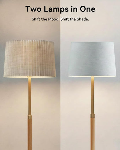 JOOFO Mid-Century Modern Wood Floor Lamp with Dual Fabric Shade, Remote Control, Dimmable & Adjustable Color Temperature, Reading & Living Room Lamp, Easy Clean Cover, Foot Switch