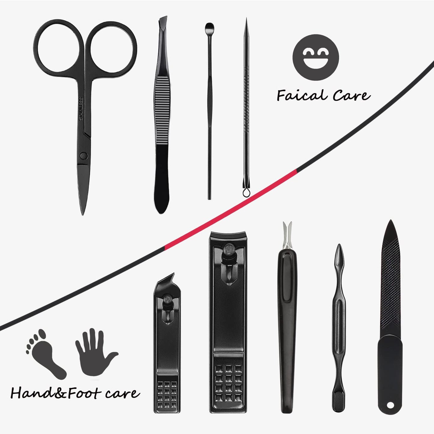 Manicure Set 9 in 1 Stainless Steel, Nail Clippers Scissors Pedicure Tools Kit - Portable Travel Grooming Kit for Men and Women with Black/Blue Leather Case (Blue)