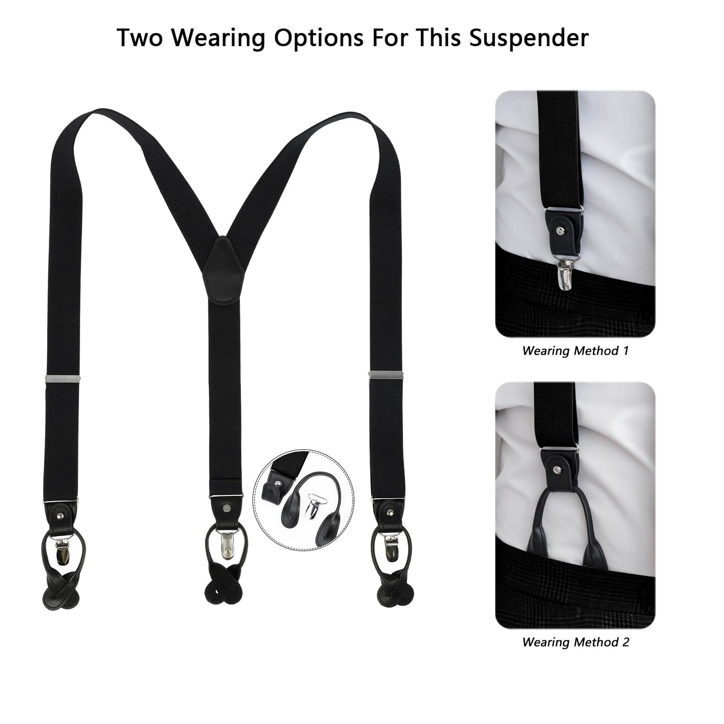 LEHOMU Men Suspenders Adjustable,1.4 Inch Wide Heavy Duty Y-Back Elastic Tuxedo Elastic Mens Suspenders with Leather Buttons and 3 Metal Clips,Black and Blue Stripe