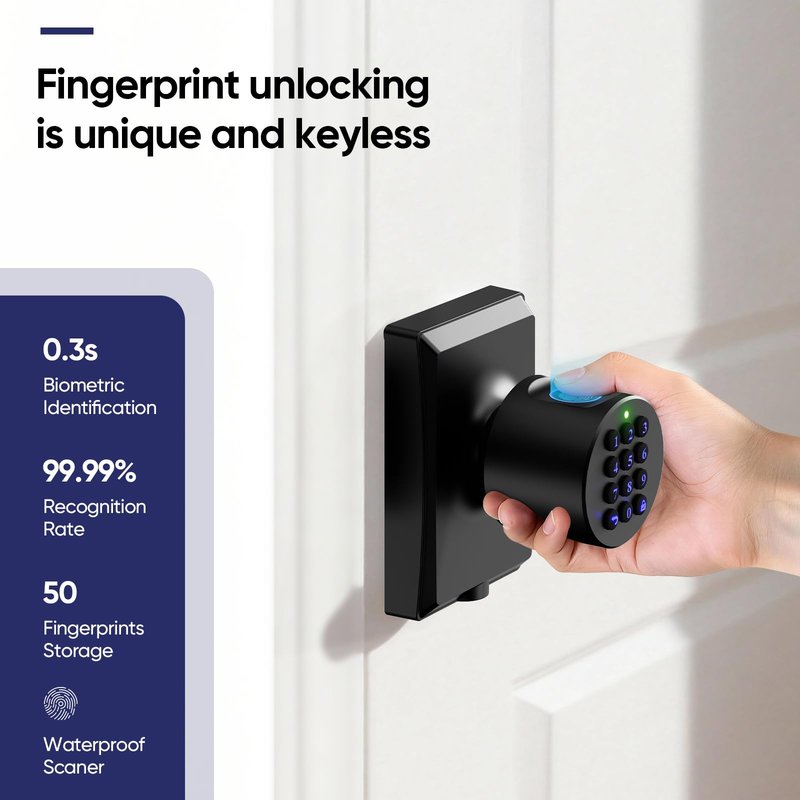 HIDALIFE Keyless Entry Door Lock with Knob, Fingerprint Keypad Digtal Lock, Biometric Door Lock for Front Door, Easy Passage Mode, Matte Black