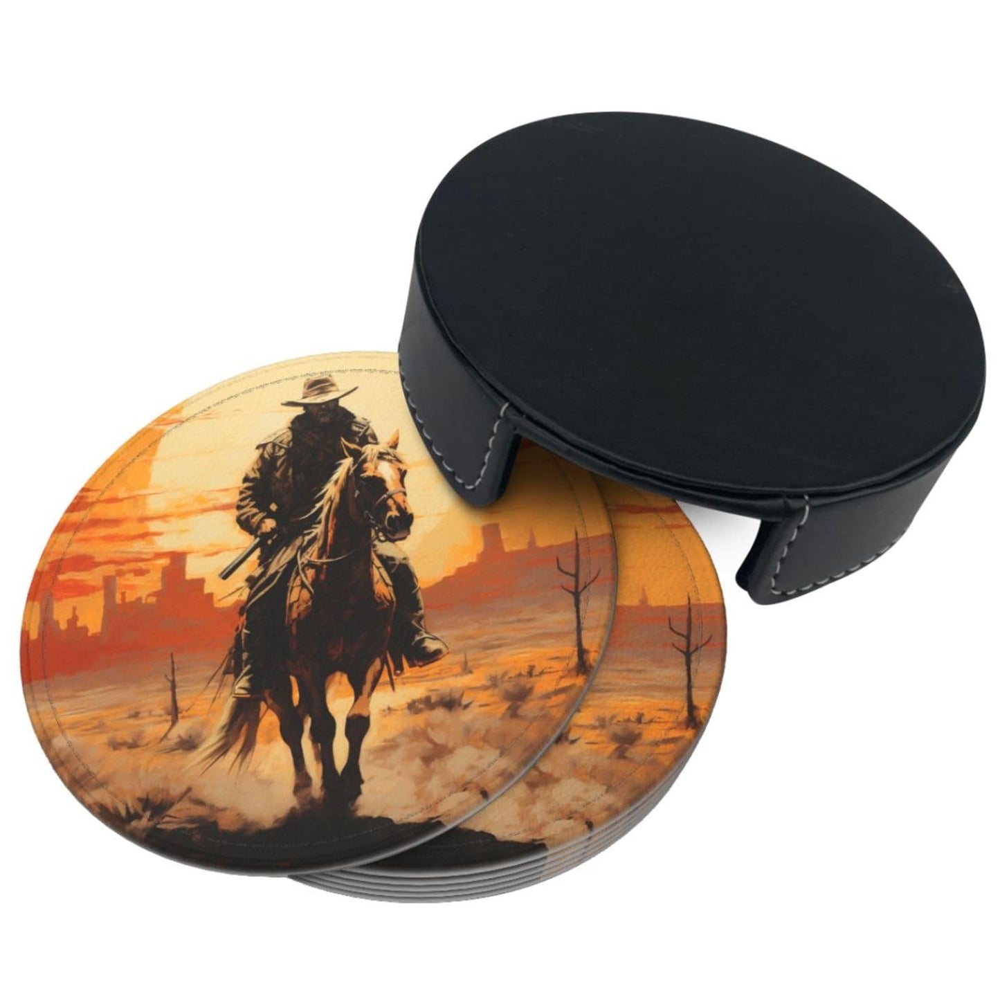 Famame 6 Pcs West Desert Cowboy Sunset Leather Coasters for Drinks with Holder Coaster Sets Drink Table Cup Coasters for Living Room Kitchen Coffee Decor