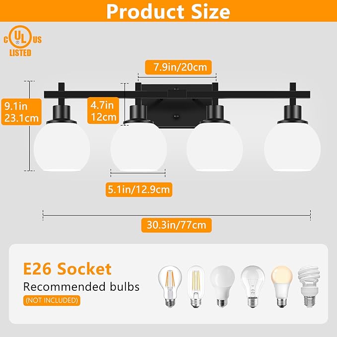 4-Light Modern Vanity Lighting Fixtures, Bathroom Wall Mounted Vanity Light,Black Bathroom Lighting Fixtures Over Mirror with Milky White Glass Lampshade for Bedroom, Living Room