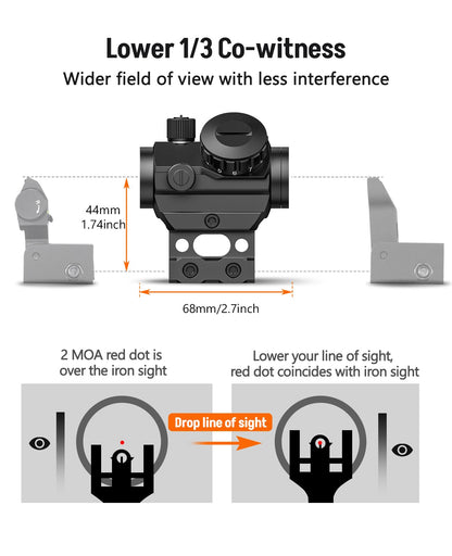 MidTen Motion Awake Red Dot Sight, 2 MOA Red Dot Optics, IPX7 Waterproof & Fogproof,1x20mm Compact Red Dot Scope for 21mm Picatinny Rail with Lower 1/3 Co-Witness Riser