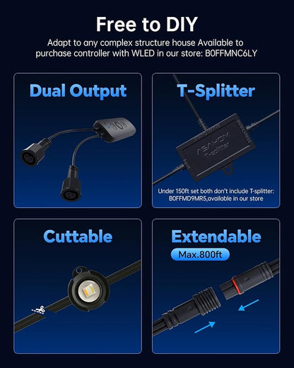 ASAHOM AI Permanent Outdoor Lights S107E, 300FT with 216 RGBCW LED Lights and Dual Output, 30,000 Lighting Effect Combination, IP67 Waterproof for House Halloween Christmas and Daily Decoration, Black