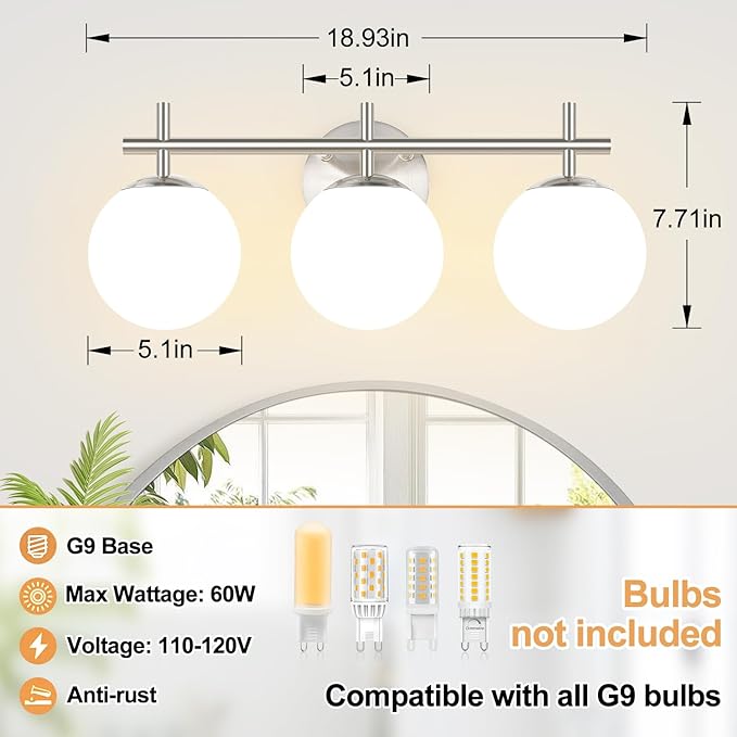 3-Light Bathroom Light Fixtures, Brushed Nickel Vanity Lights for Bathroom with Milky White Ball Shades, 18.9 inch Bathroom Lighting Fixtures Over Mirror, Wall Sconce for Bedroom (Exclude G9 Bulb)