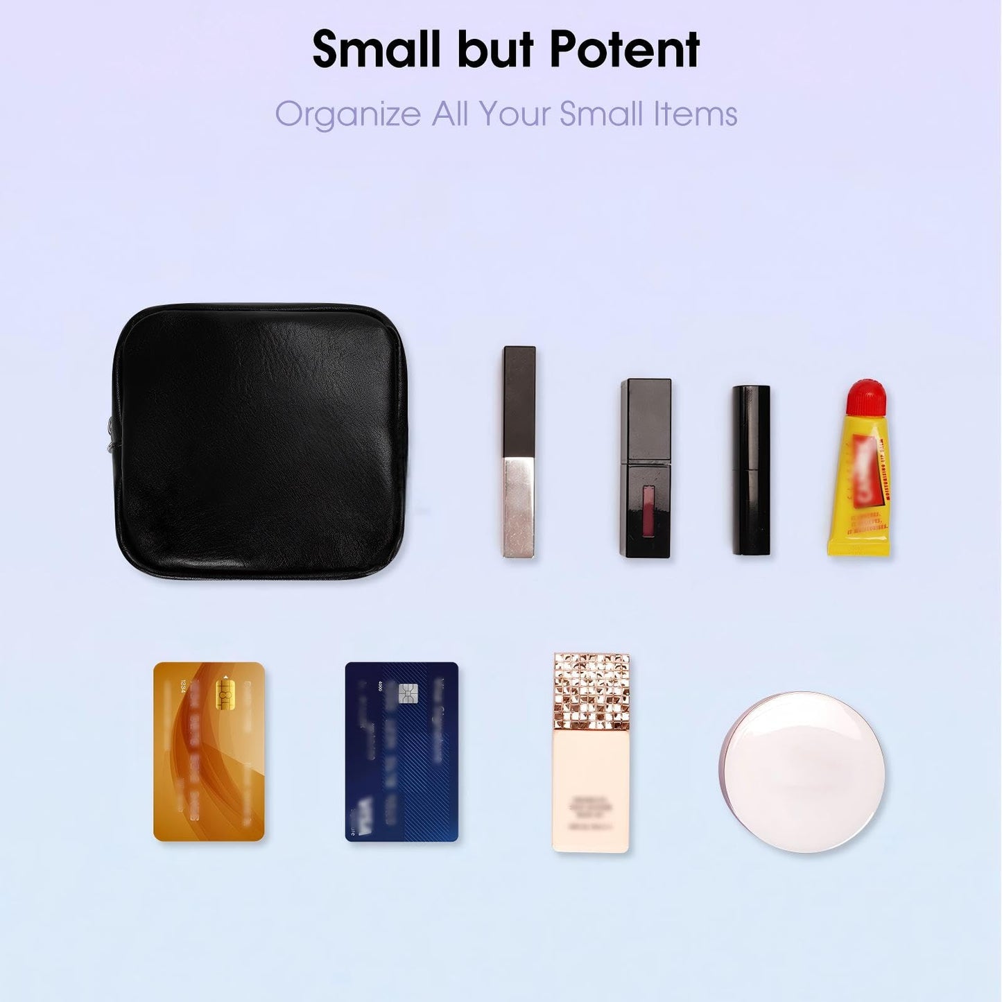 Wandering Nature Small Makeup Bag for Purse Mini Make up Pouch Cute Cosmetic Pouch for Women with Slip-in Pockets Eco Vegan Leather, Black