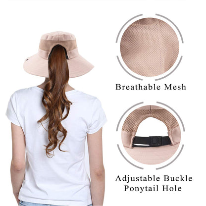 Muryobao Women Ponytail Summer Sun Hat Wide Brim UV Hats Floppy Bucket Cap for Safari Beach Fishing Gardening Pure Pink