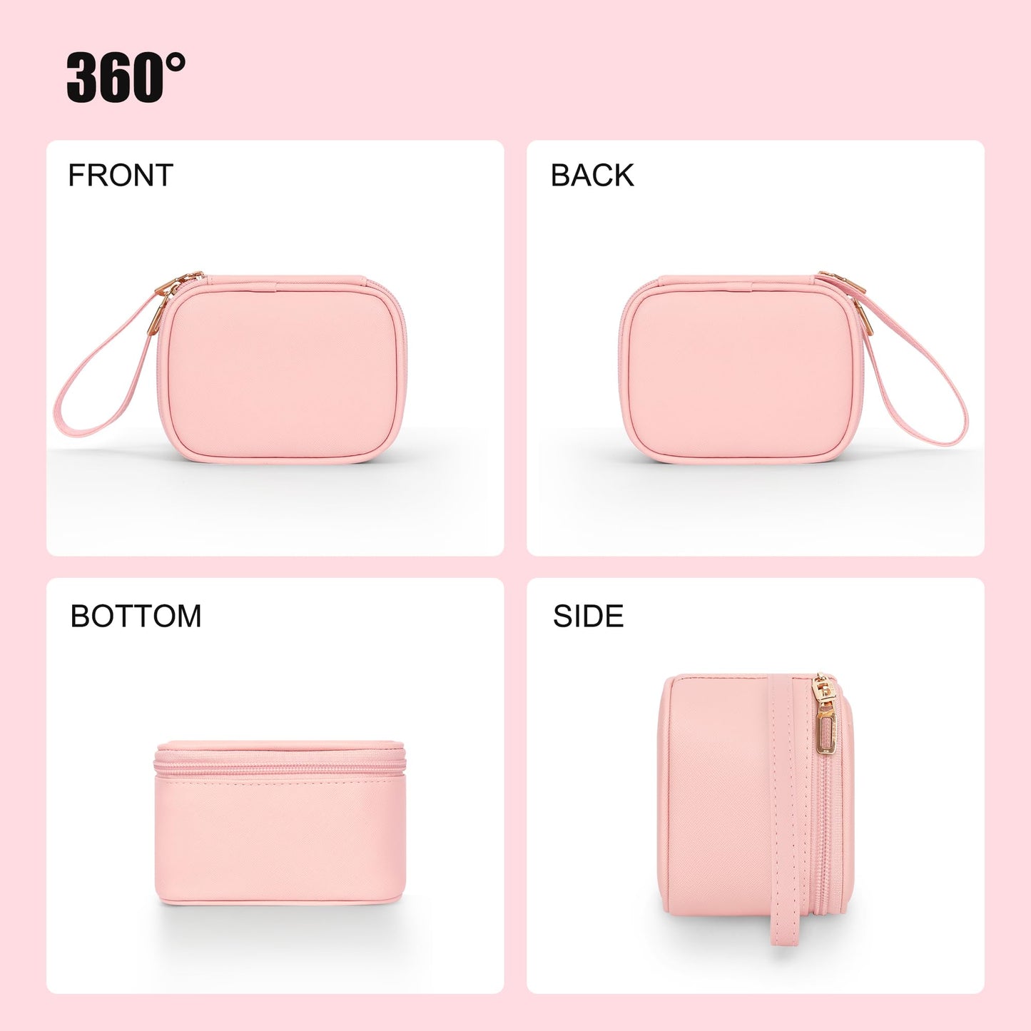Relavel Mini Makeup Bag with Led Mirror, Small Cosmetic Bag with 3 Light Modes, Rechargeable Portable Makeup Pouch with Hands-Free Wrist Strap for Pool Parties丨Work Touch-Ups丨Travel - Pink