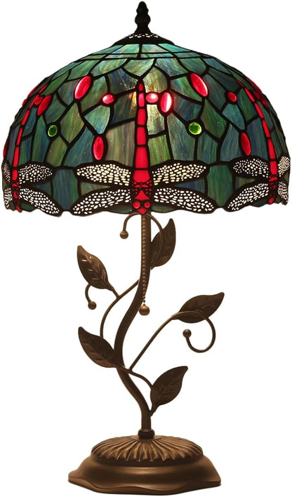 Tiffany Style Table Lamp Handmade Stained Glass Bedside Lamp 12x12x20 inch Metal Leaf Base,Art Glass Lamp for Living Room, Bedroom, Office Decor(Red Dragonfly)