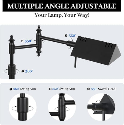 Dimmable Pharmacy Floor Lamp with Remote, 15W LED Reading Floor Lamp with 360°Swing Arm, 3 Color Temperature, Height Adjustable Black Standing Task Lamp for Living Room, Bedroom, Black