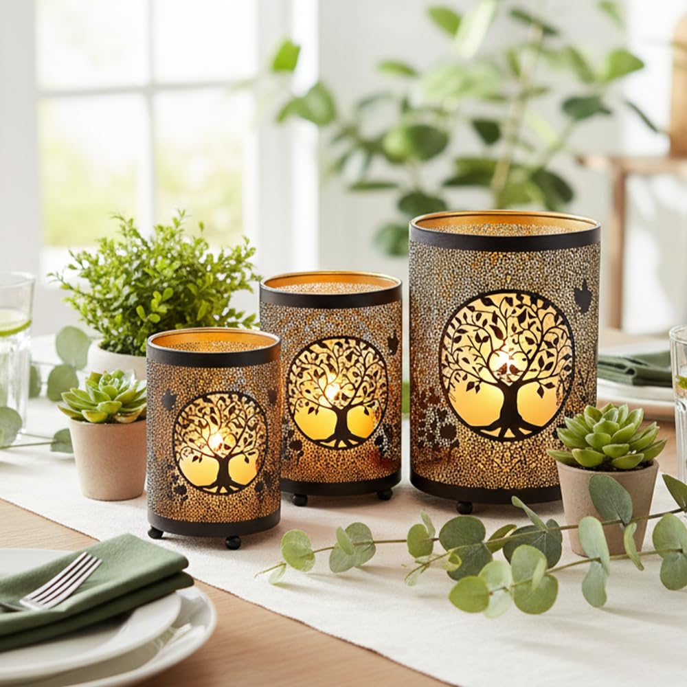 TRIROCKS Tree of Life Candle Lantern 7.5" H Etched Bronze Metal Candle Holder Decorations for Living Room Tabletop Parties Patio Entryway Indoors Outdoors(3PCS)