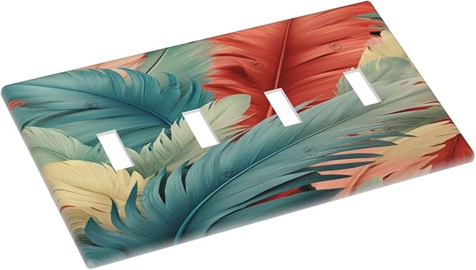 Colorful Feathers Blue Red Light Switch Covers Quad Toggle 4 Gang Wall Plate Decorative Switchplate Electrical Faceplate for Farmhouse Bathroom Living Decor