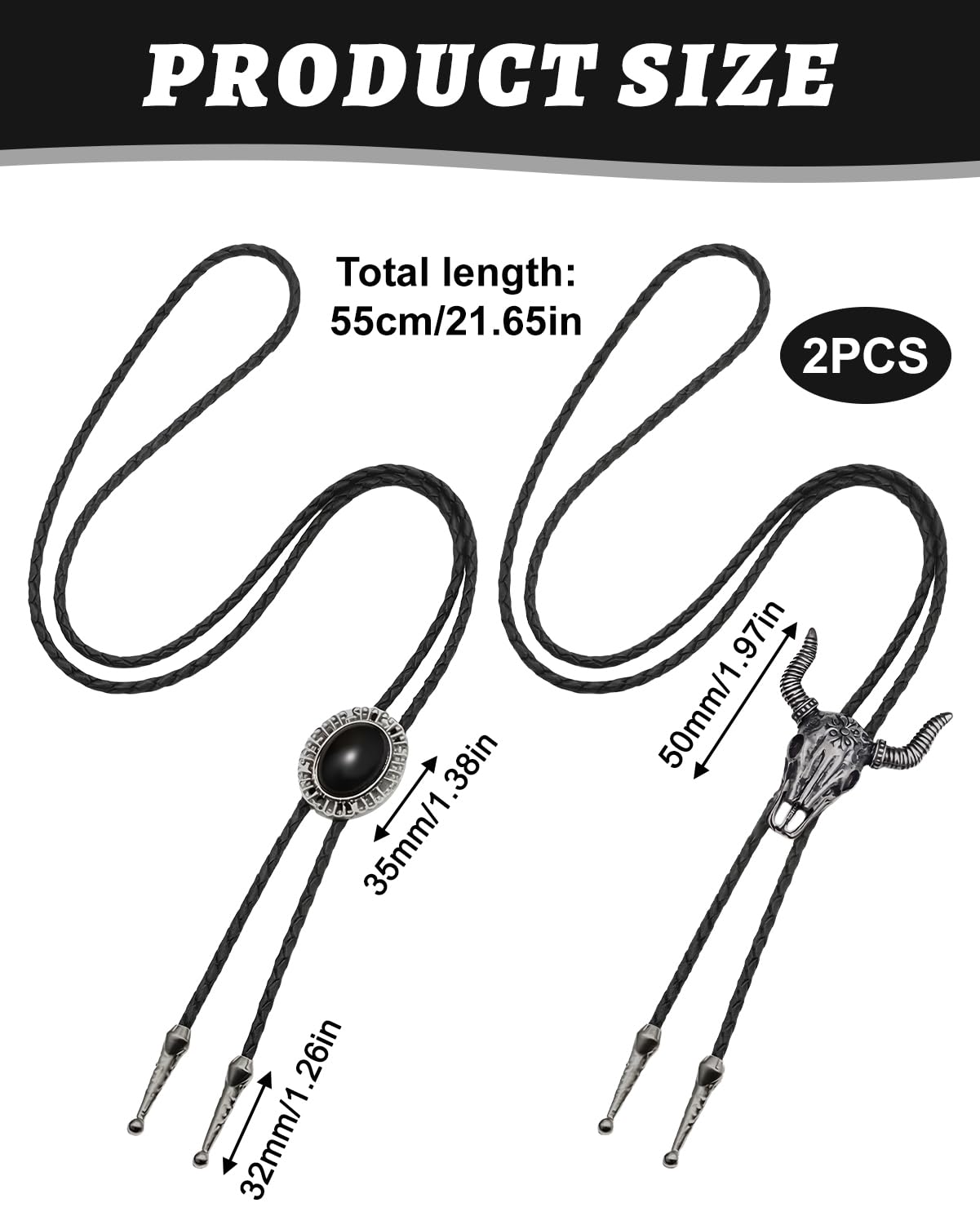 KRLBZER 2 Pcs Bolo Tie for Men, Black and Silver Western Necktie, Adjustable Leather Rope Necklace with Metal Pendant, Cowboy Costume Accessories for Women Men