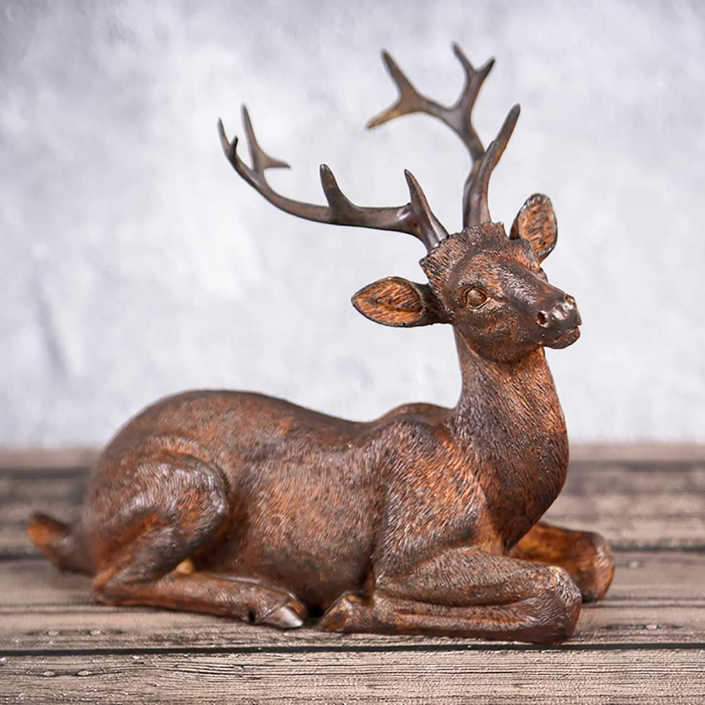 Miyolo Sitting Deer Figurine Laying Elk Reindeer Statue Resin Home Decor Christmas Indoor Shelf Tabletop Decorations (Rust)