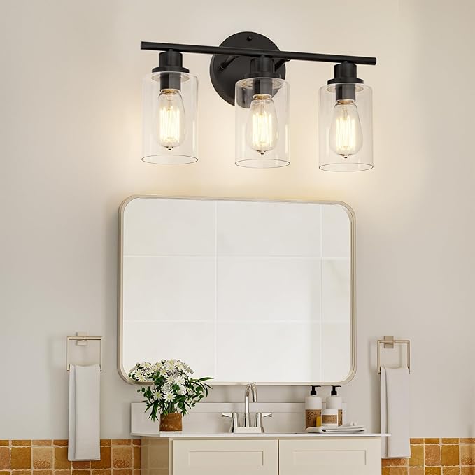 GORDNWE Modern Farmhouse Vanity Light Fixtures - 3 Light Matte Black Bathroom Lighting Over Mirror, E26 Bulb Base