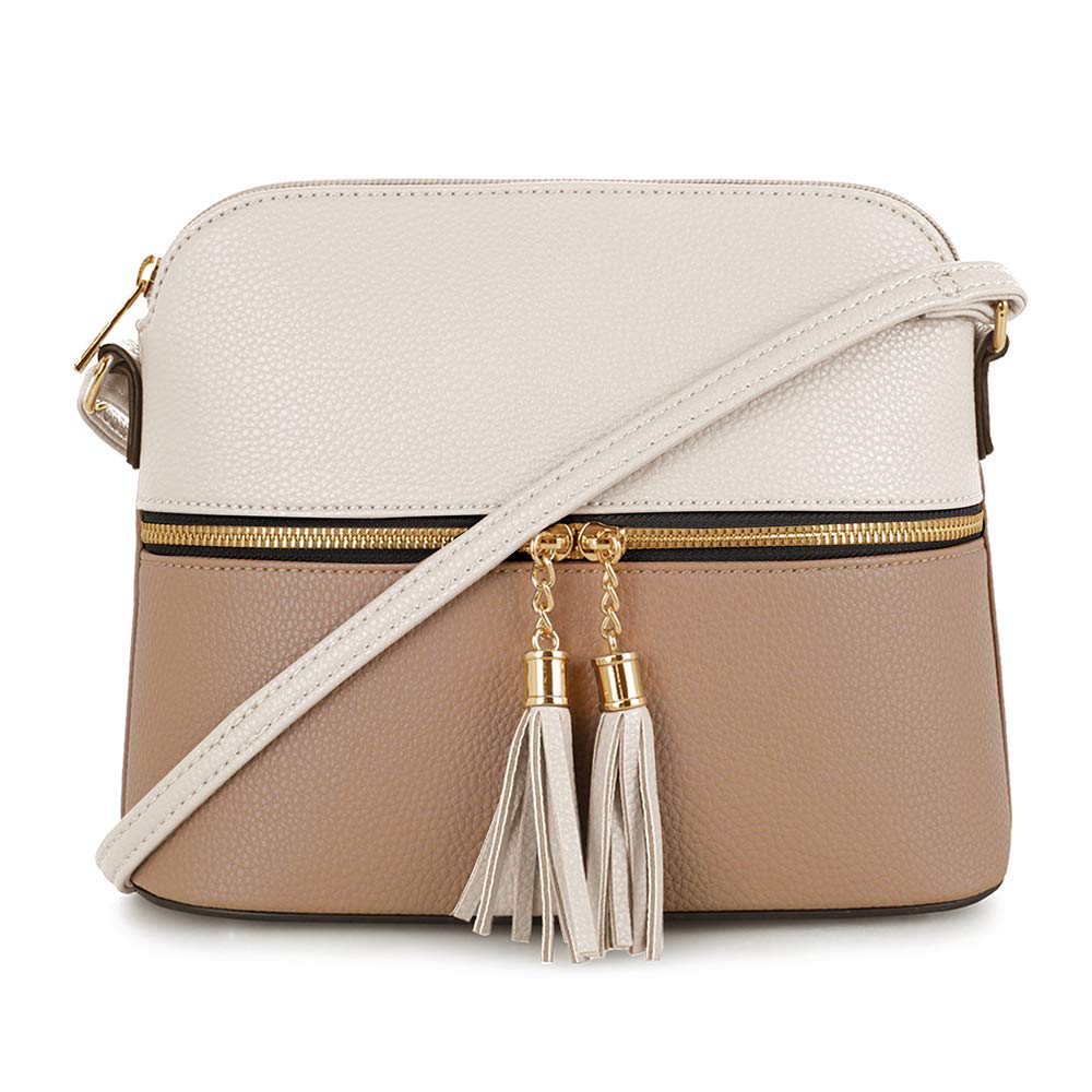 SG SUGU Lunar Lightweight Medium Dome Crossbody Bag Shoulder Bag with Double Tassels | Zipper Pocket | Adjustable Strap|White/Taupe