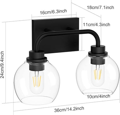 Tipace 2 Lights Industrial Bathroom Vanity Light Fixtures Over Mirror Black Vintage Vanity Lights with Globe Clear Glass Farmhouse Wall Sconces Fixture(Exclude Bulb)