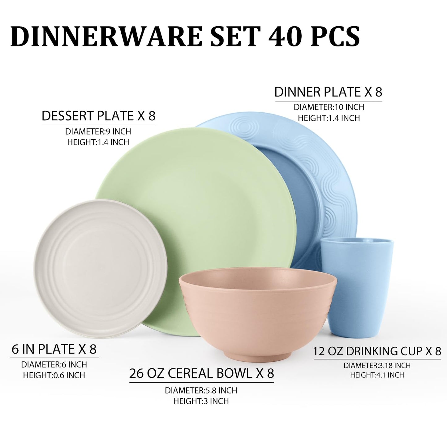 Wheat Straw Dinnerware Set 40-Piece Service for 8 Unbreakable Dishes Set Plates and Bowls Sets Drinking Glasses Microwave Safe Dish Set Lightweight Dinnerware Set for Home & Kitchen - Yellow