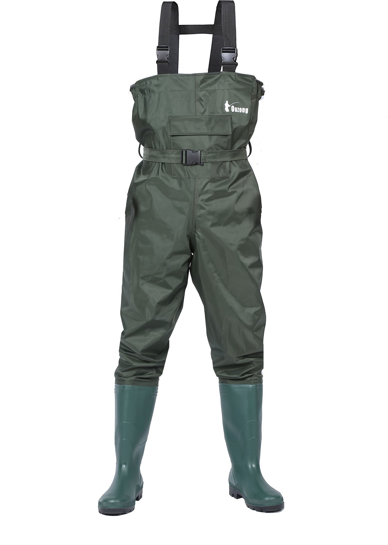 Ouzong Bootfoot Fishing Chest Waders for Men Women with Boots 2-Ply Nylon/PVC Waterproof Hunting Waders with Boots Hanger (Green-010)