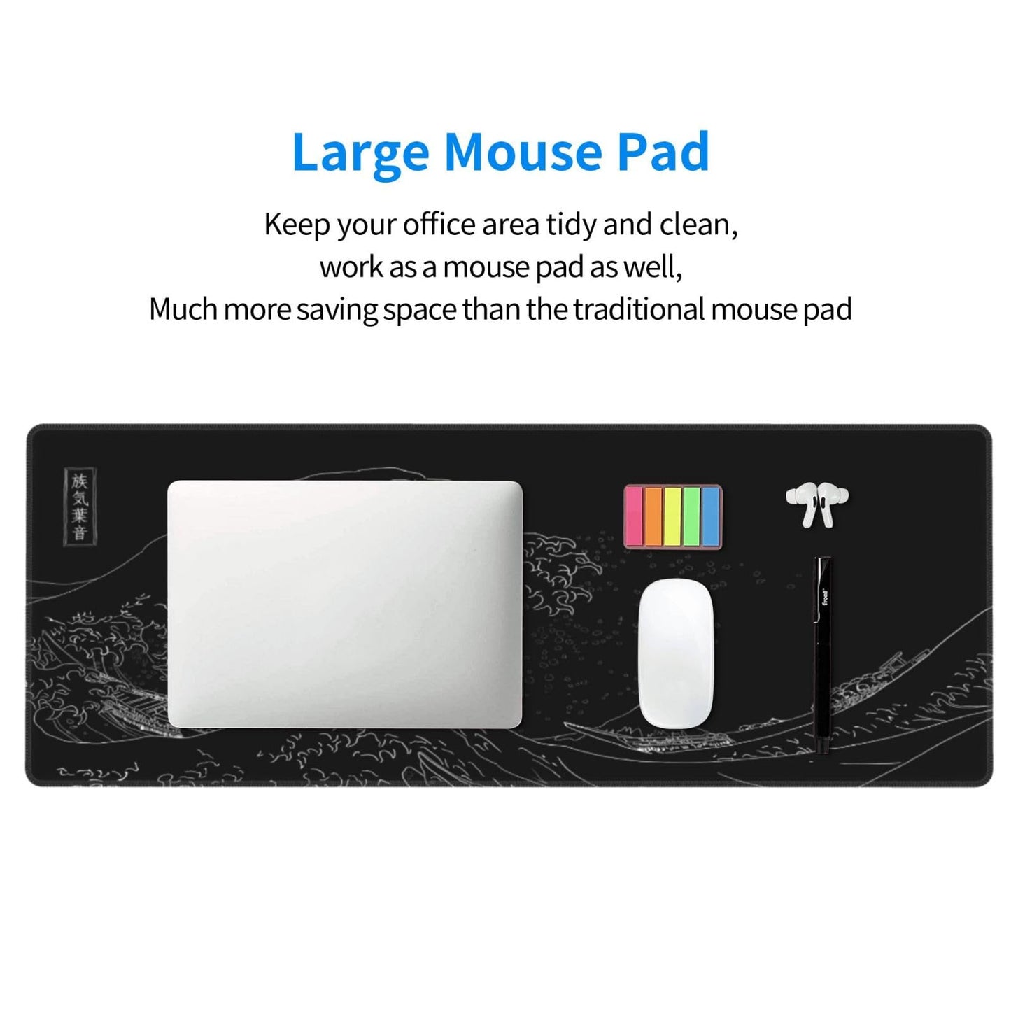 Japanese Gaming Mouse Pad Black Mouse Pad Kanagawa Large Mousepad Non-Slip Rubber Base Waterproof with Stitched Edges for Gaming Office Home, 31.5x11.8 Inch (Black Wave)