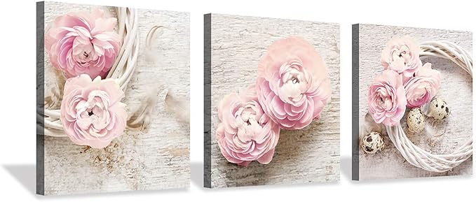 Floral Picture Canvas Wall Art: Innocence Pink Peony Flower Wreath Photographic Prints for Decor